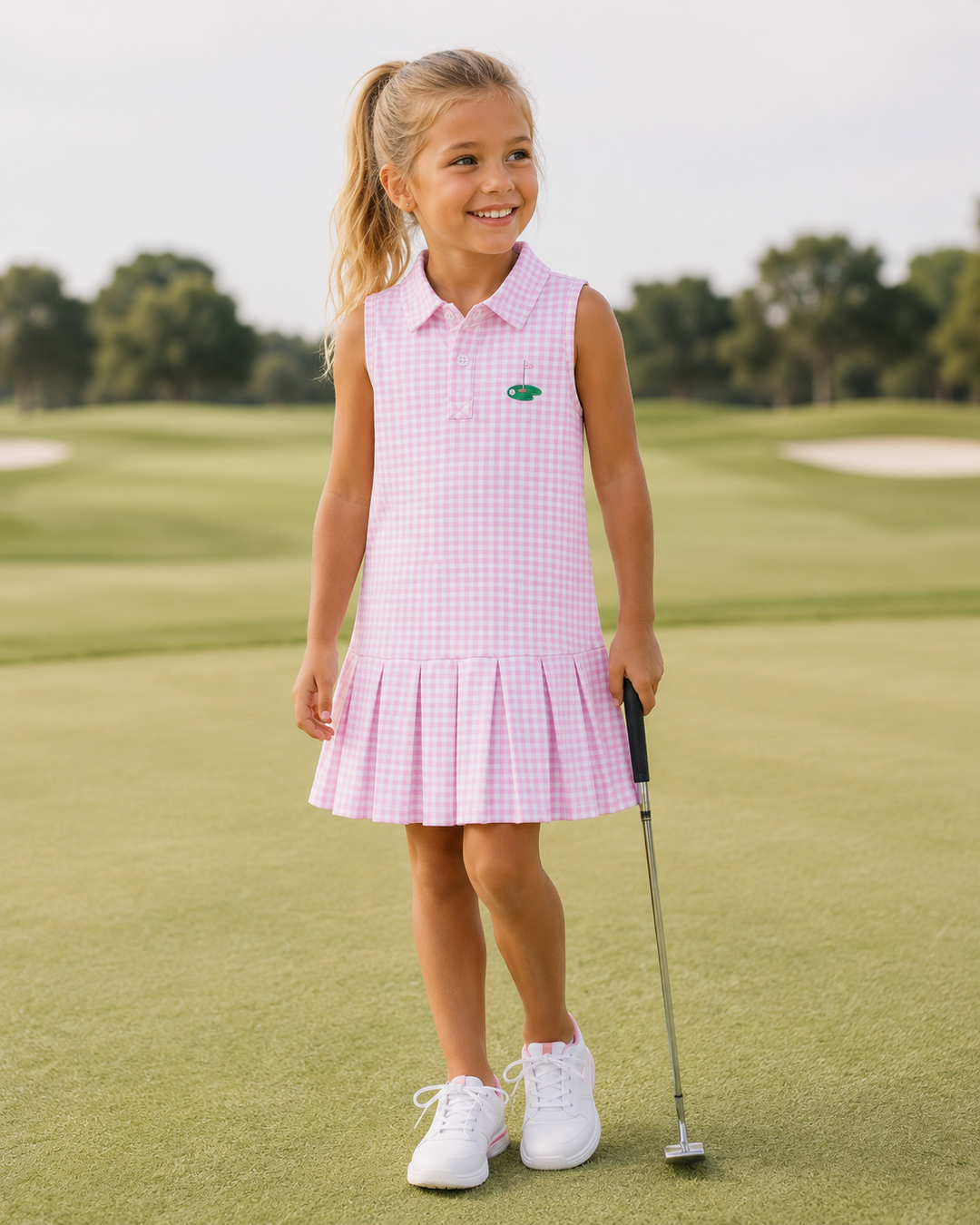 A young girl stands on a golf course wearing a sleeveless pink and white gingham polo dress, white golf shoes, and holding a golf club.