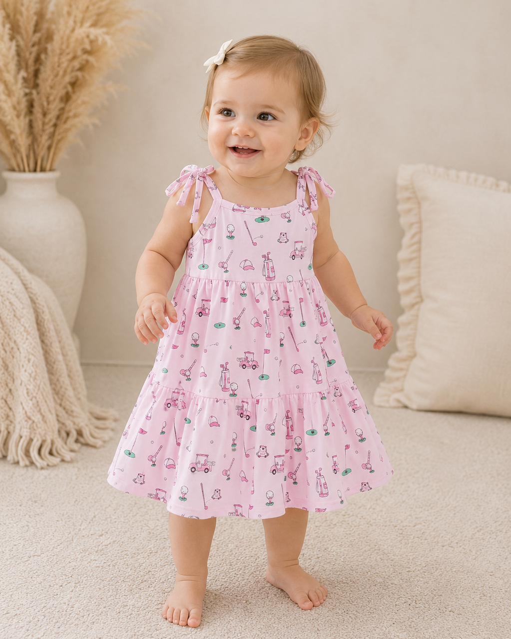 Baby girl in living room wearing Pink Golf Print Tiered Dress