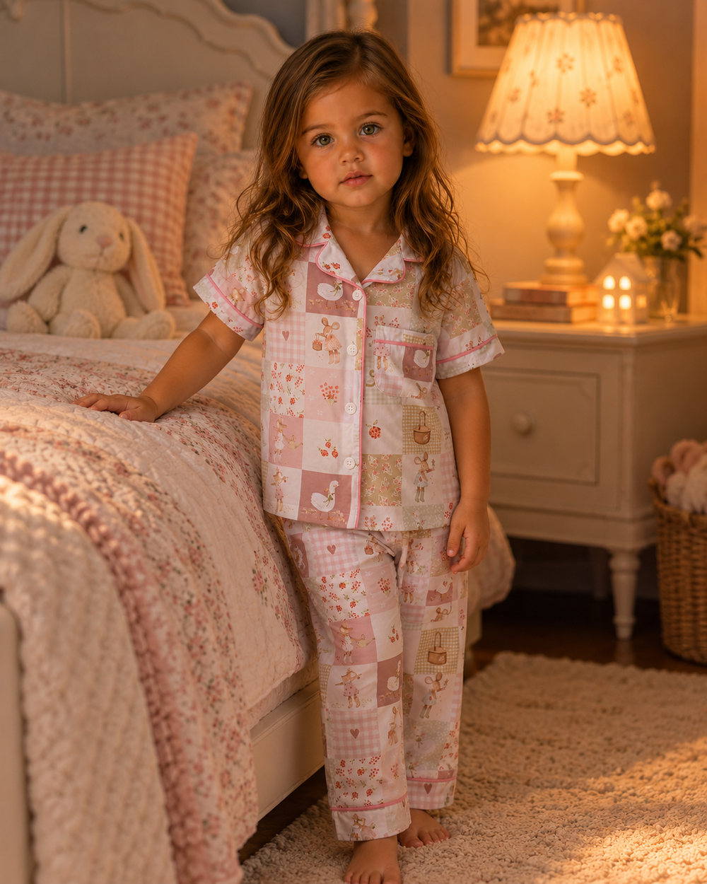 Pink animal patchwork pajama set with short-sleeve button-up top and matching pants