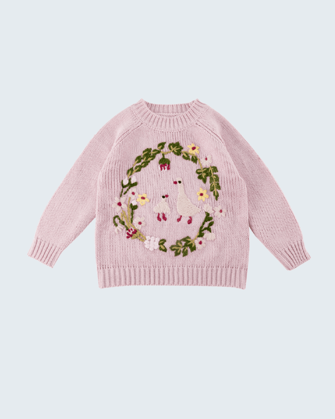Pink knit sweater with ribbed crew neck and embroidered floral wreath animal graphic