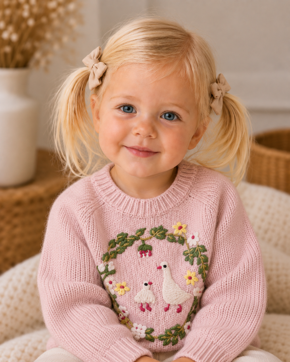 Pink knit sweater on child with embroidered floral wreath and animal face graphic