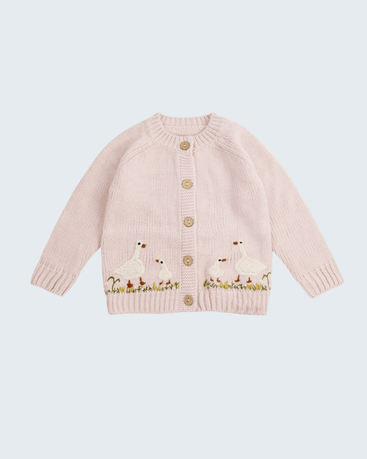 Pink knit cardigan with button front, ribbed cuffs, and embroidered geese on pockets