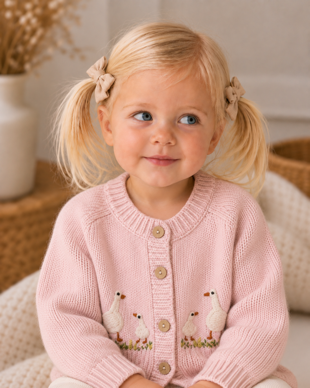 Pink knit cardigan on child, button front with ribbed cuffs and embroidered geese