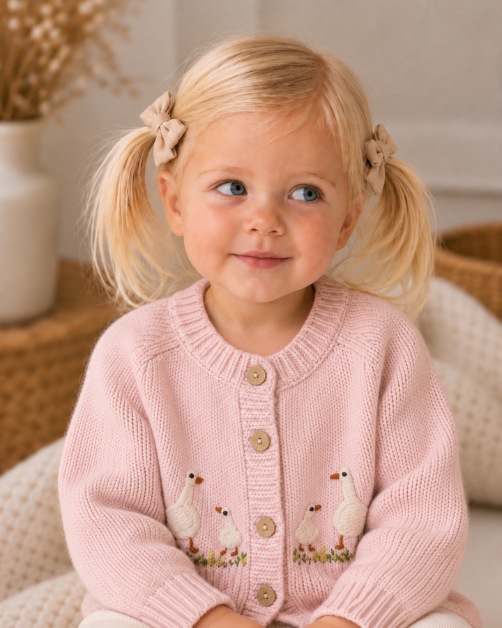 Pink knit cardigan on child, button front with ribbed cuffs and embroidered geese