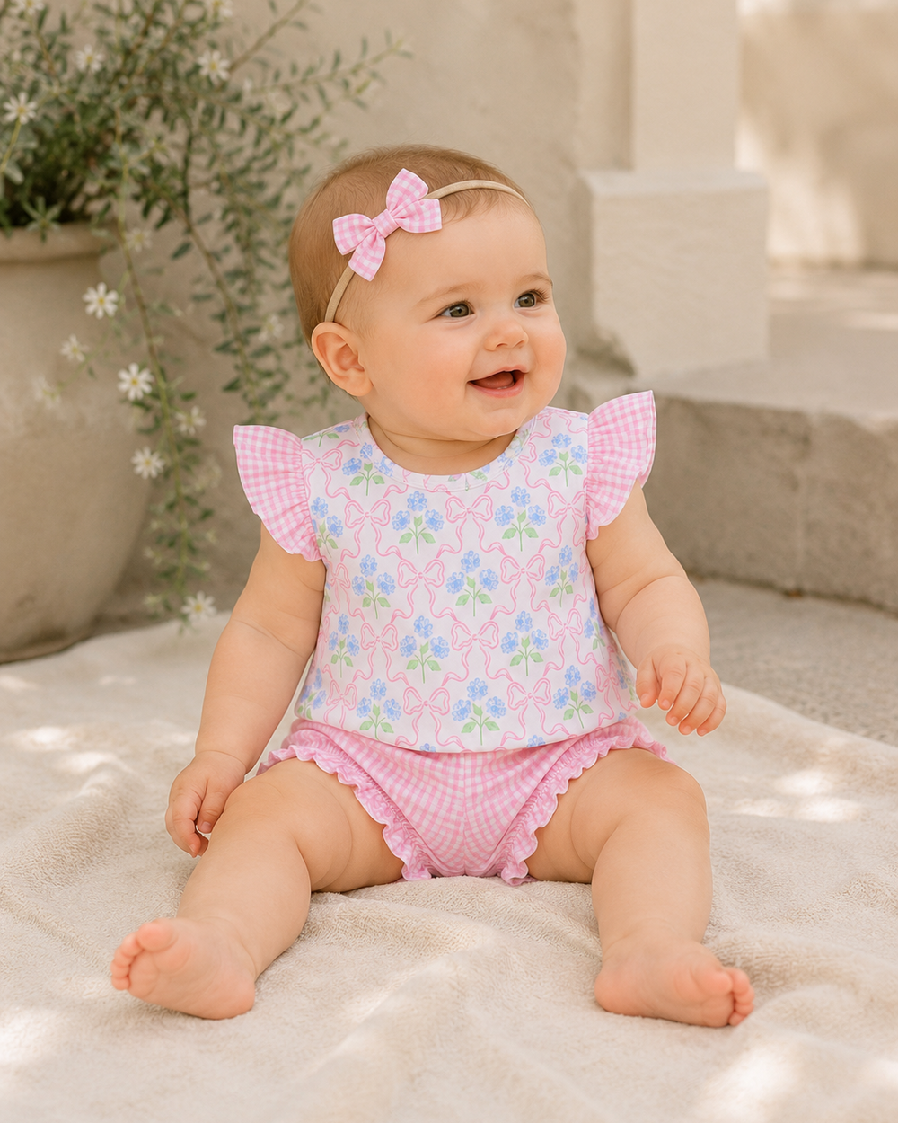 Baby sitting on a blanket wearing a floral top and pink shorts with a headband.