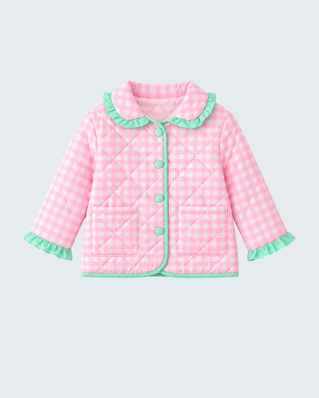 Pink gingham ruffle jacket with turquoise collar trim and button front
