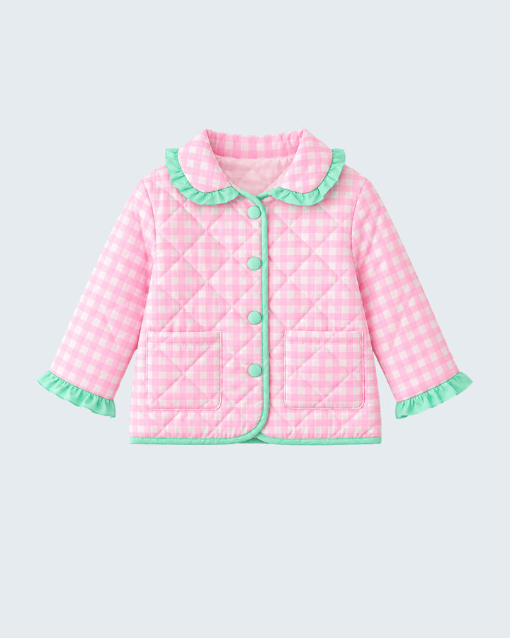 Pink gingham ruffle jacket with turquoise collar trim and button front