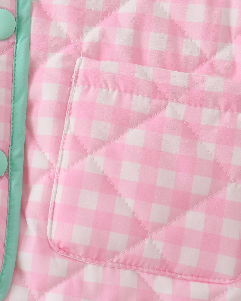 Pink gingham ruffle jacket with mint piping and stitched front pocket