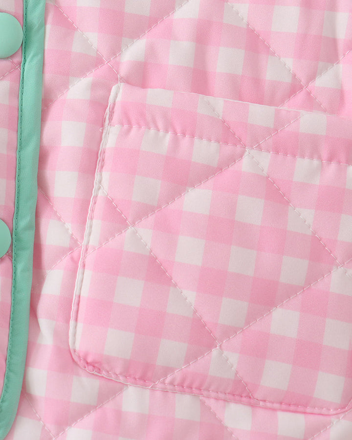 Pink gingham ruffle jacket with mint piping and stitched front pocket