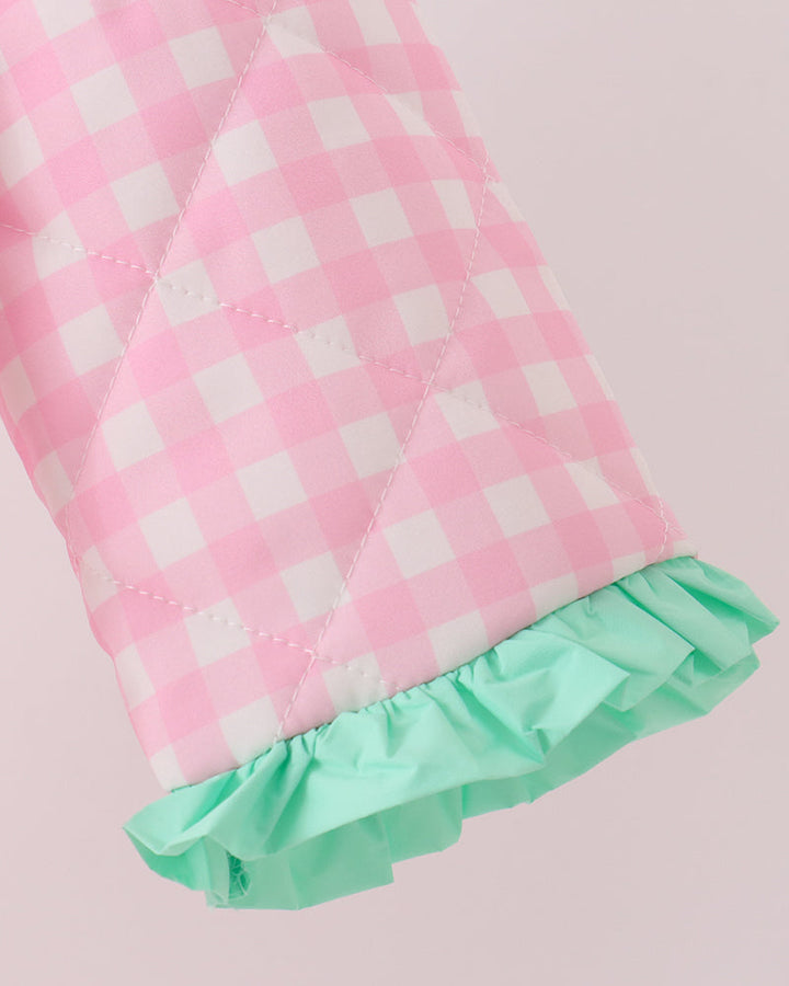 Pink gingham ruffle jacket sleeve with mint ruffled cuff