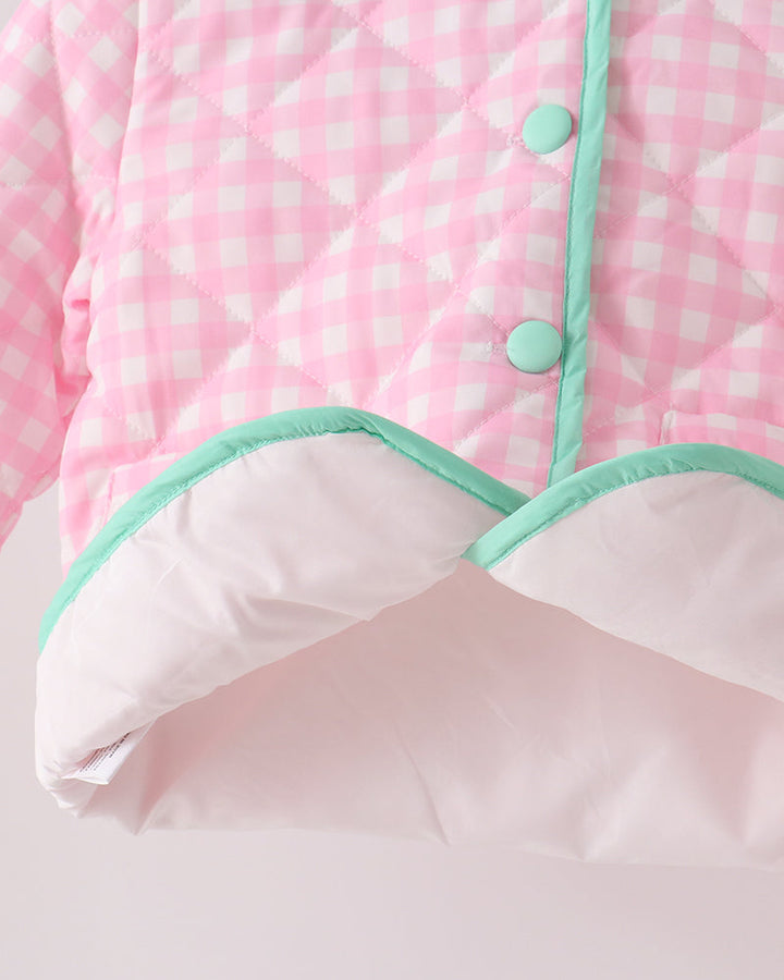 Pink gingham ruffle jacket with mint-trim hood and white inner lining