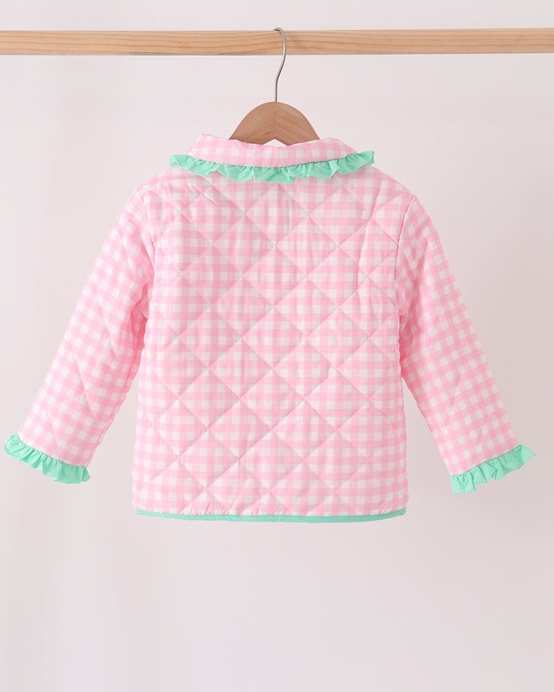 Pink gingham ruffle jacket with mint ruffled hem and cuffs