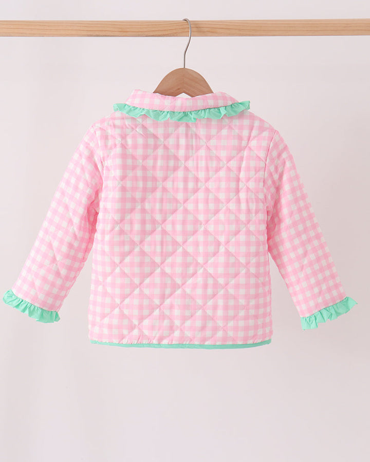 Pink gingham ruffle jacket with mint ruffled hem and cuffs