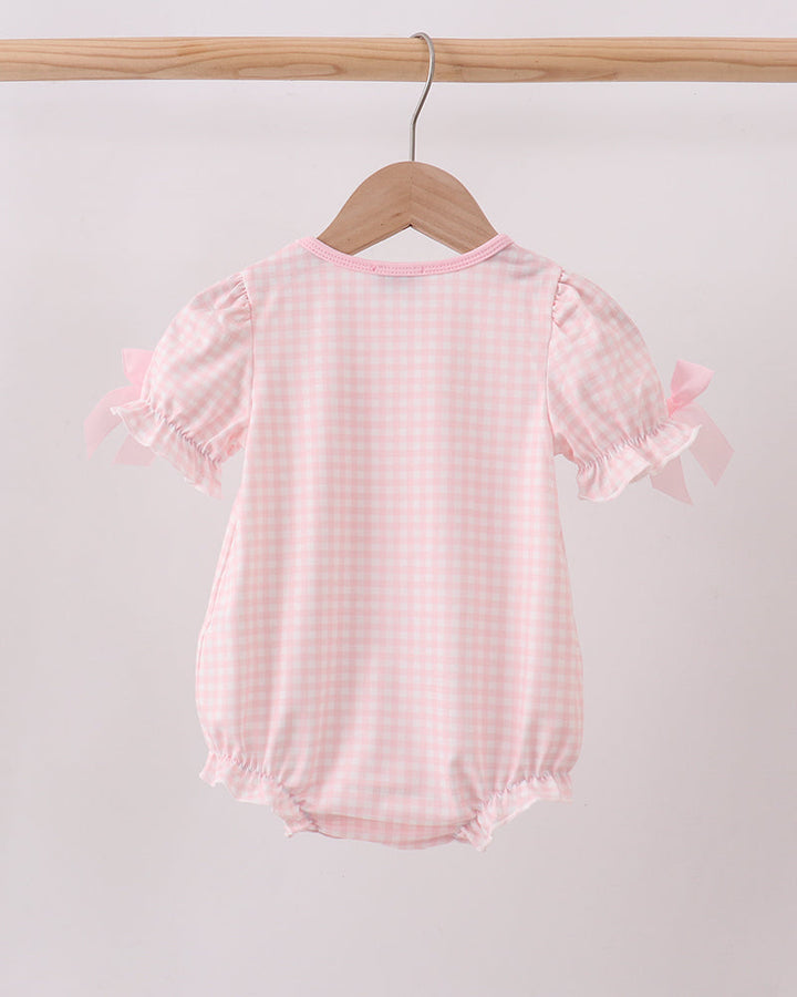 Pink gingham baby bubble romper with puff sleeves and back view with ruffled trim