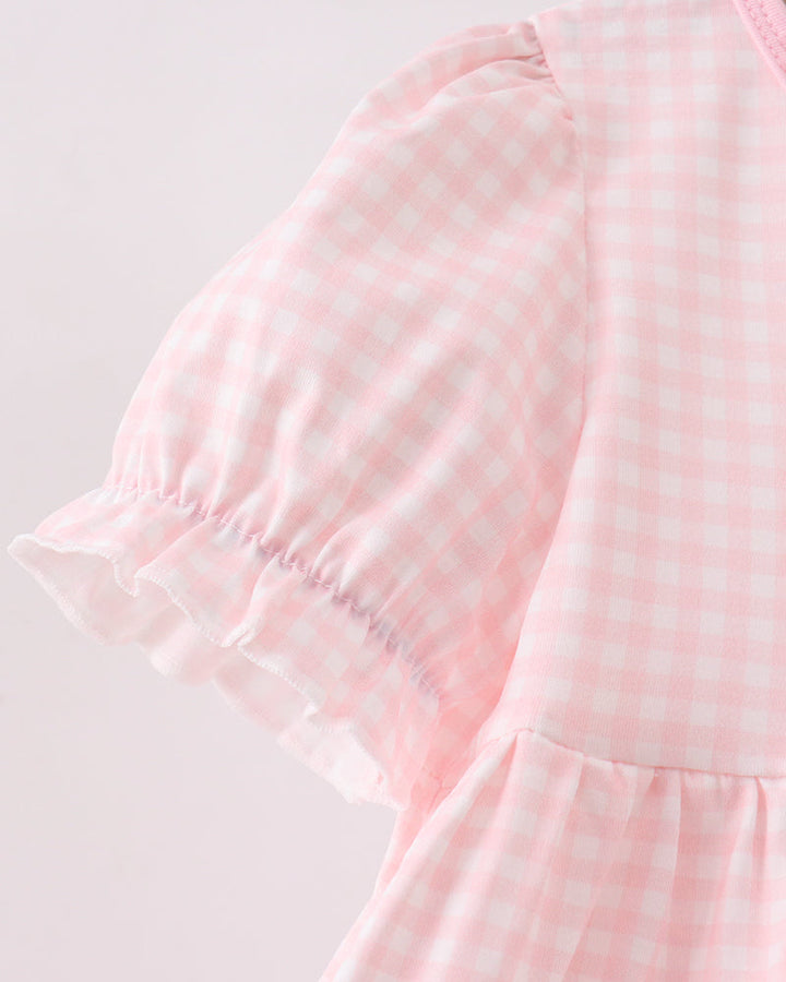 Pink gingham dress with puff short sleeves and layered ruffle cuff