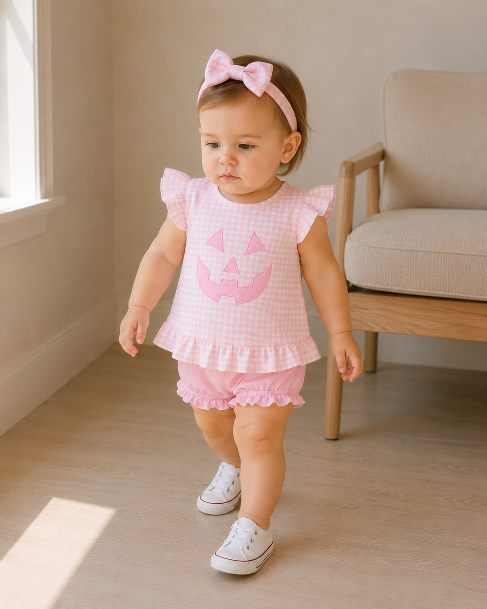 Baby girl is wearing a pink outfit. She is sanding buy a window.