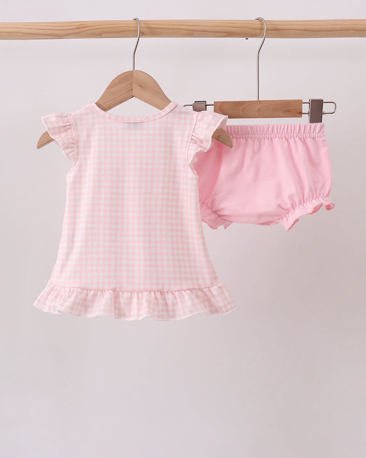 Pink gingham ruffle short-sleeve dress with matching pink bloomers