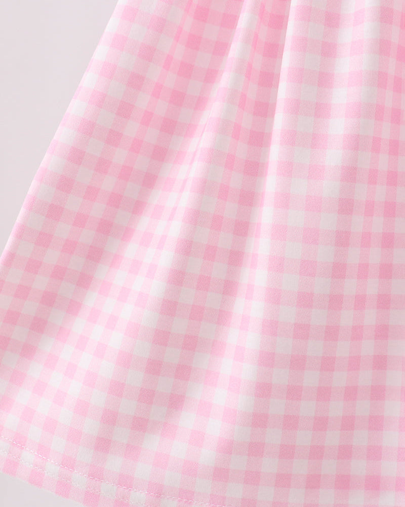 Pink gingham ruffle dress skirt with gathered hem flare