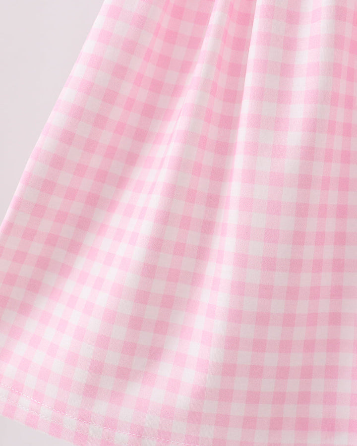 Pink gingham ruffle dress skirt with gathered hem flare