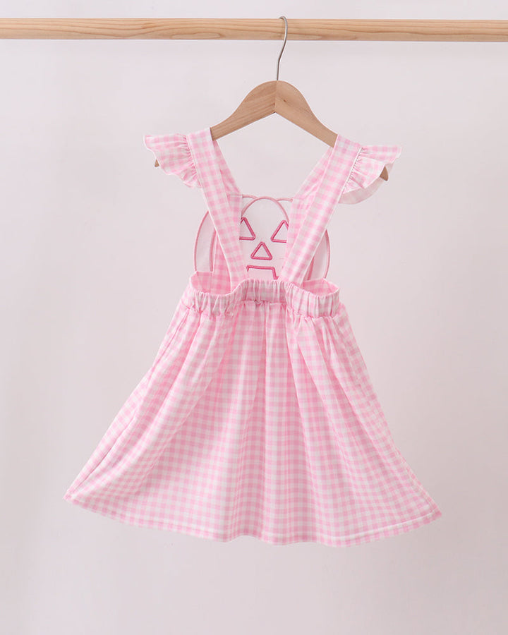 Pink gingham jack-o-lantern applique ruffle dress with flutter sleeves