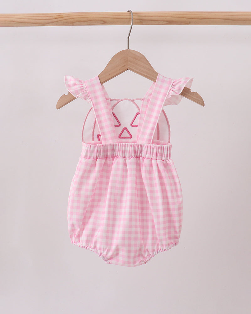 Pink gingham bubble romper with jack-o-lantern applique and flutter ruffle shoulders