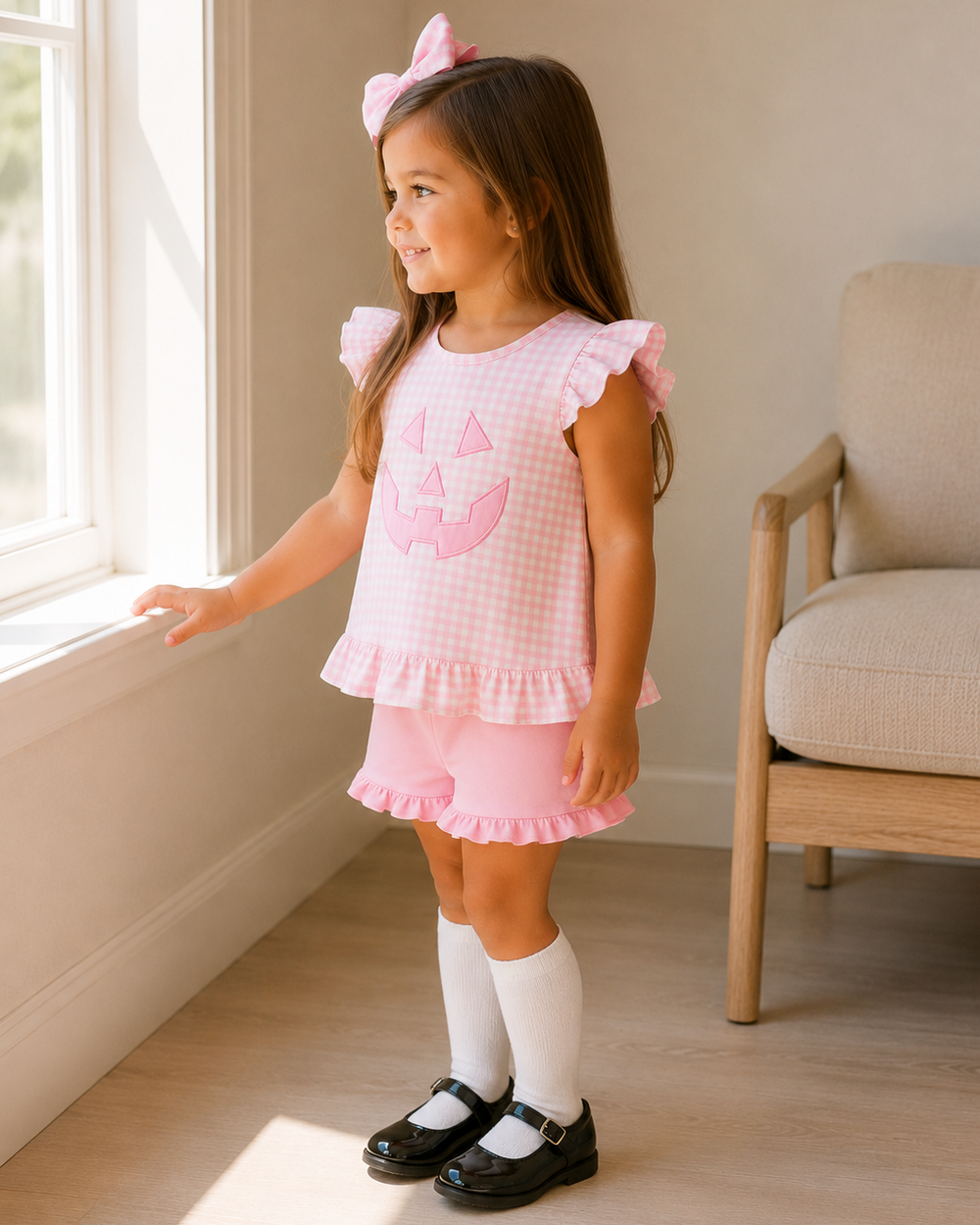 Pink gingham ruffle top and shorts set, jack-o-lantern applique, on child