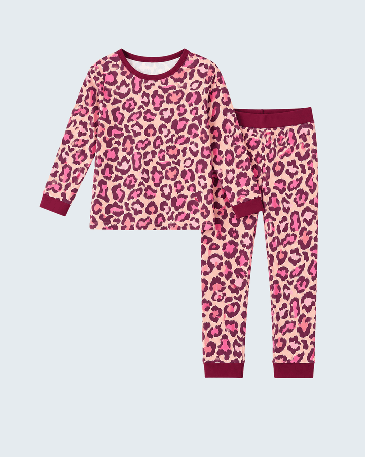Leopard-print bamboo pajama set with long sleeves and matching pants, pink with dark trim