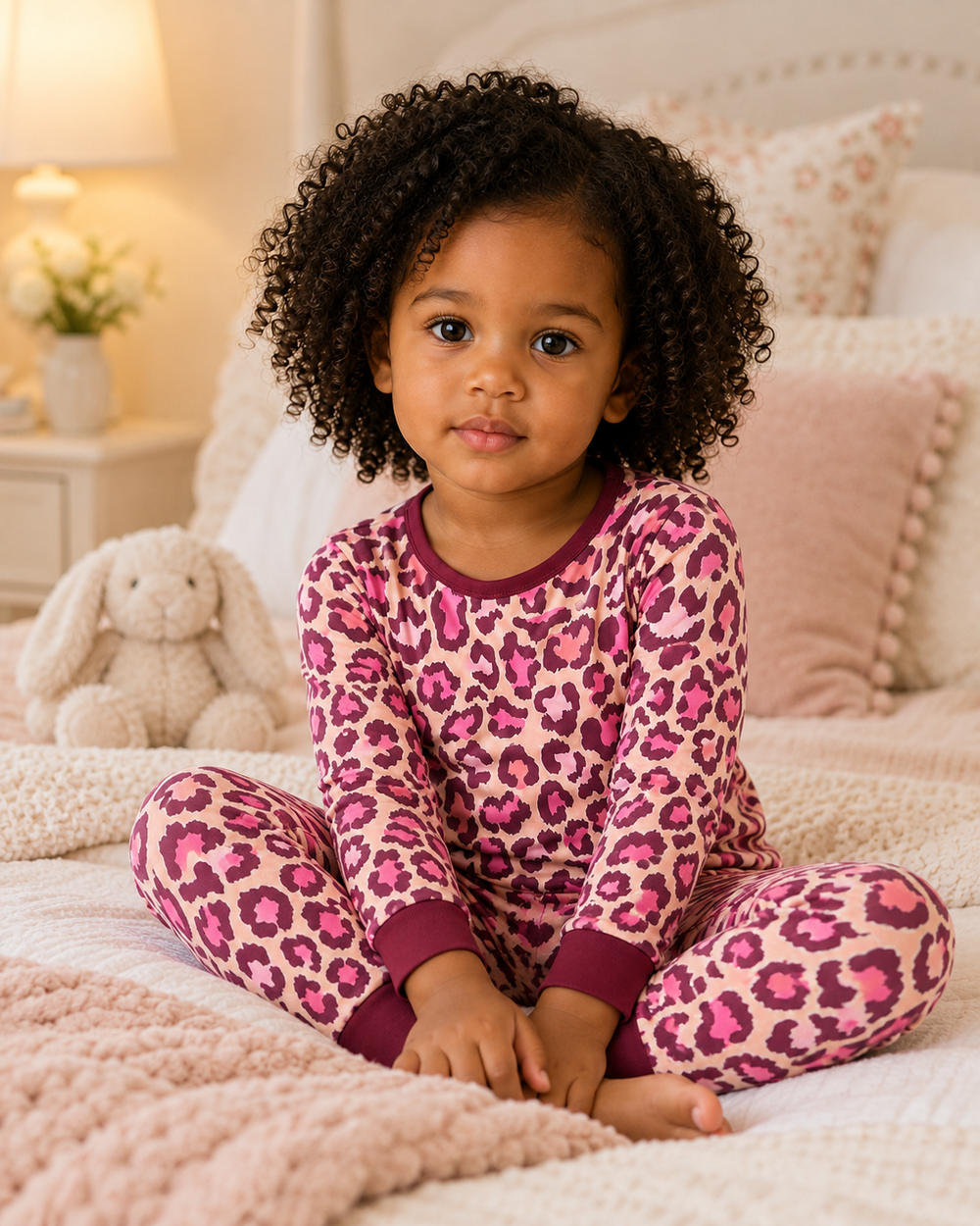 Pink leopard-print bamboo pajama set worn: long sleeves and matching pants with dark cuffs