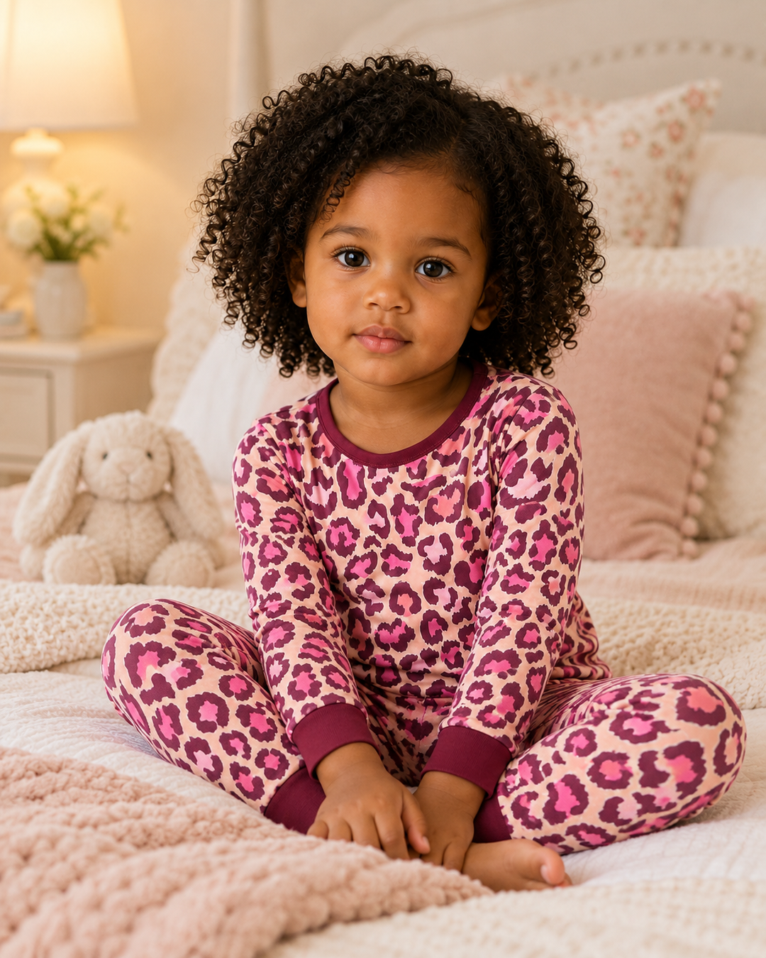 Pink leopard-print bamboo pajama set worn: long sleeves and matching pants with dark cuffs