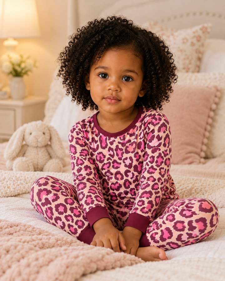Pink leopard-print bamboo pajama set worn: long sleeves and matching pants with dark cuffs