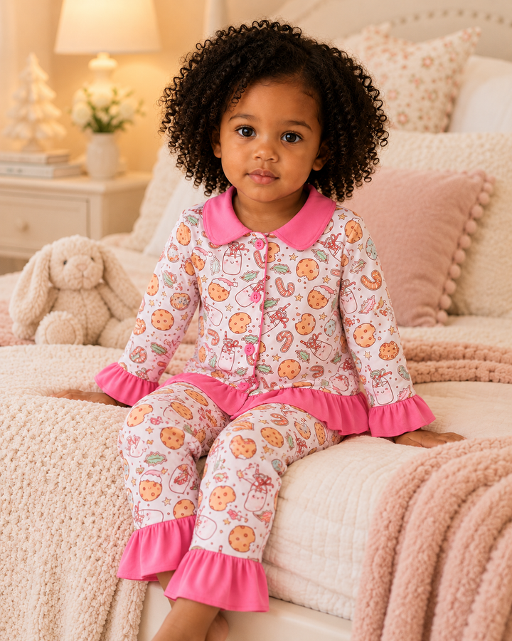Toddler girl is wearing a Pink Milk &amp; Cookies Bamboo Ruffle Pajamas