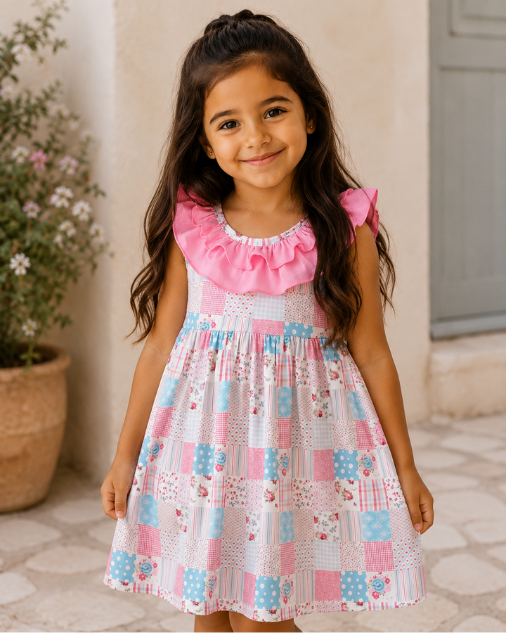 Young girl wearing a colorful dress with a pink ruffled neckline, standing outdoors.