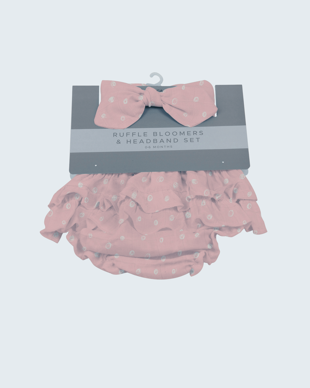 Pink polka-dot ruffle bloomers with matching headband, bow at front