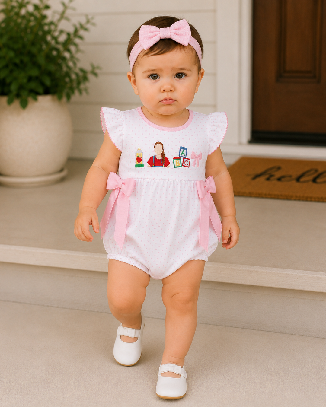 A toddler girl wearing a white romper with pink ruffle sleeves and side bows, a pink bow headband, and white shoes, standing on front steps in front of a house door.