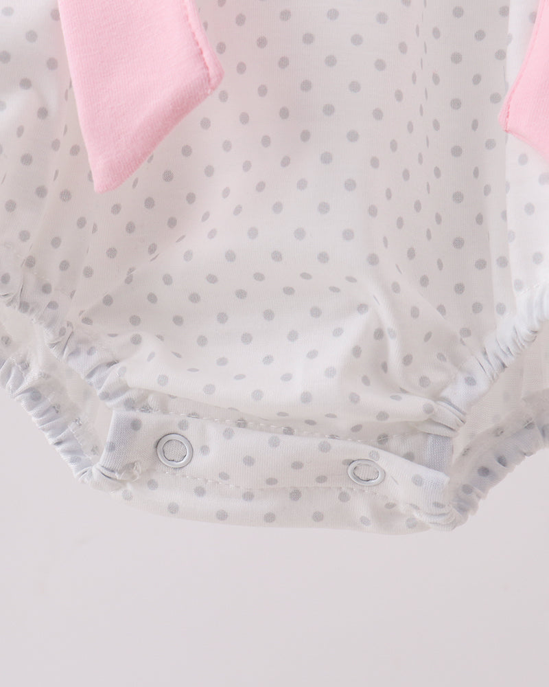 Dot baby bubble romper with ruffled legs and snap closures