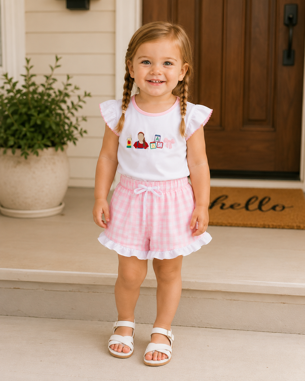 A young girl with braided hair stands on a front porch wearing a white ruffle-sleeve top with a colorful cartoon graphic and pink-and-white gingham ruffled shorts, paired with white sandals.