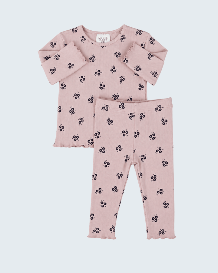 Pink cotton baby set with long-sleeve top and matching floral pants