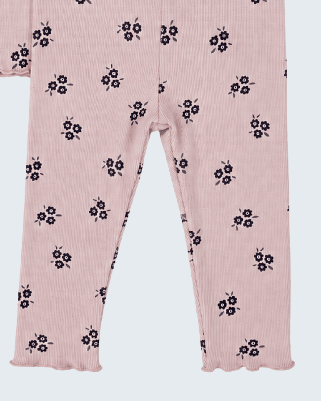 Pink cotton baby pants with all-over small dark floral print
