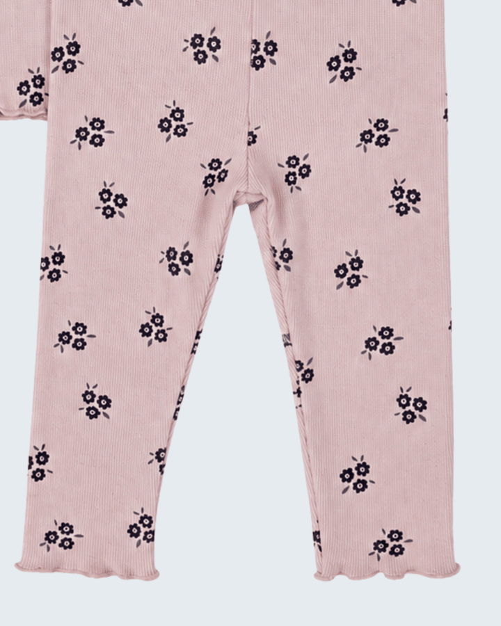 Pink cotton baby pants with all-over small dark floral print