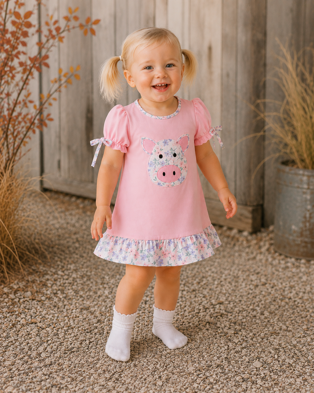 A young toddler girl with blonde pigtails stands outdoors wearing a light pink short-sleeve dress with a cow applique on the chest, a floral ruffled hem, and white socks. The background features a weathered wooden fence, gravel ground, and potted plants.