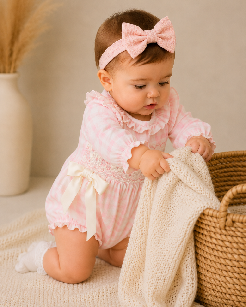 A baby girl wearing a pink and white gingham smocked romper with a matching pink bow headband, kneeling on a cream knit blanket next to a woven basket and holding a cream knit throw.