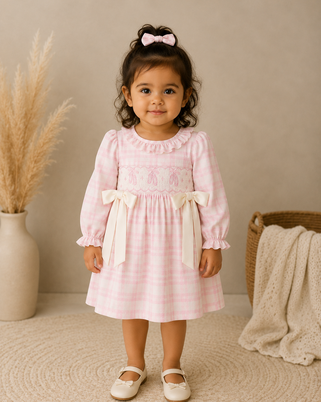 A toddler girl stands in a styled indoor setting wearing a light pink and white gingham dress with white bow accents at the waist, a ruffled neckline, and white Mary Jane shoes. She has a matching pink bow in her hair.