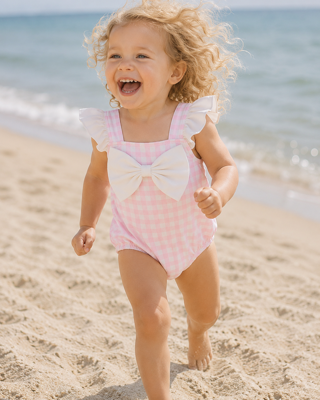 Child in a pink checkered swimsuit with a bow running on a sandy beach.