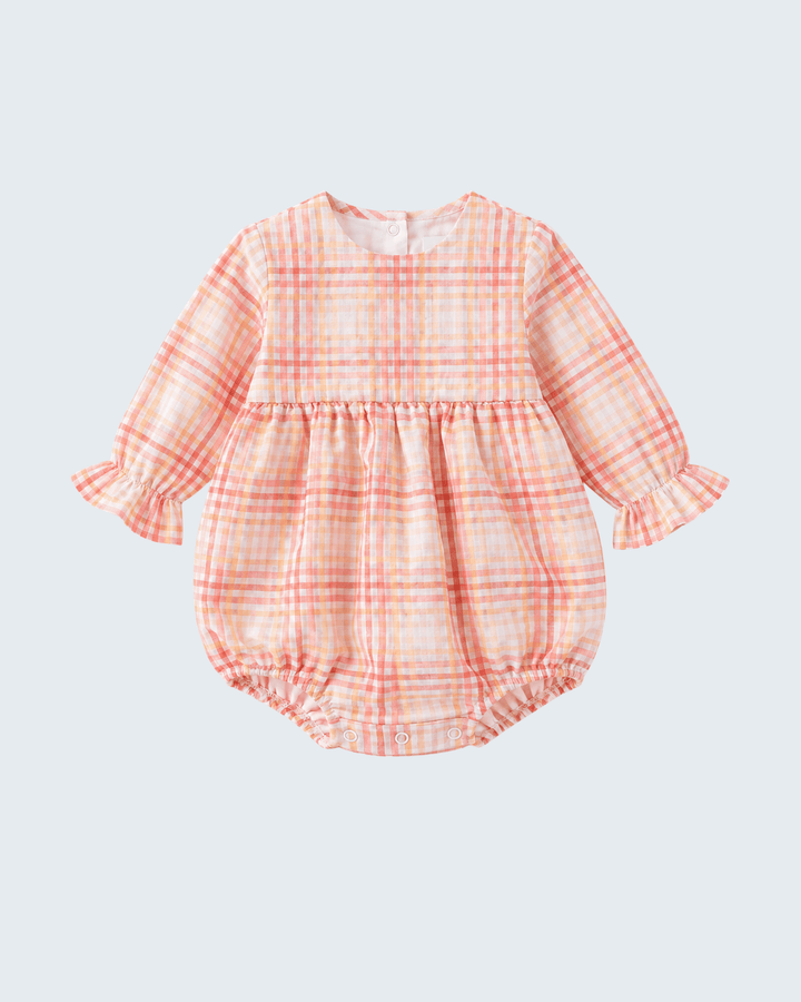 Pink plaid long sleeve baby bubble romper with gathered waist and snap legs