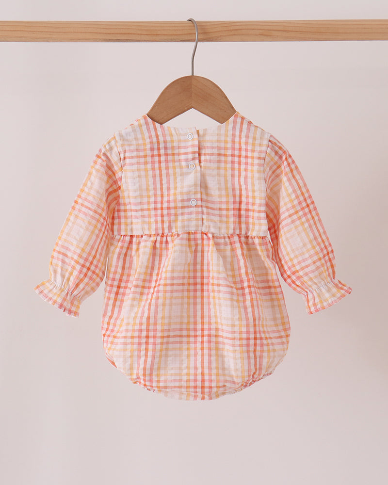 Plaid bubble romper with long sleeves and front button placket, gathered waist
