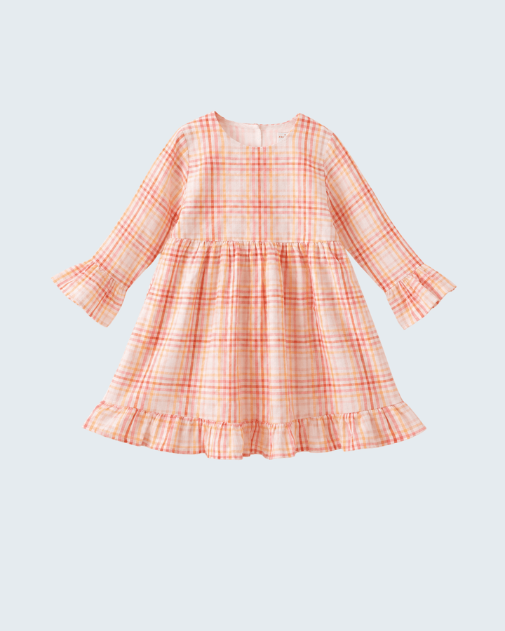 Pink-and-orange plaid long-sleeve dress with gathered waist and tiered ruffle hem