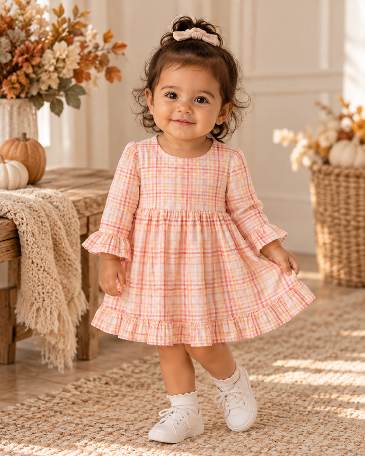Pink-and-orange plaid ruffle dress on toddler, long sleeves and tiered skirt