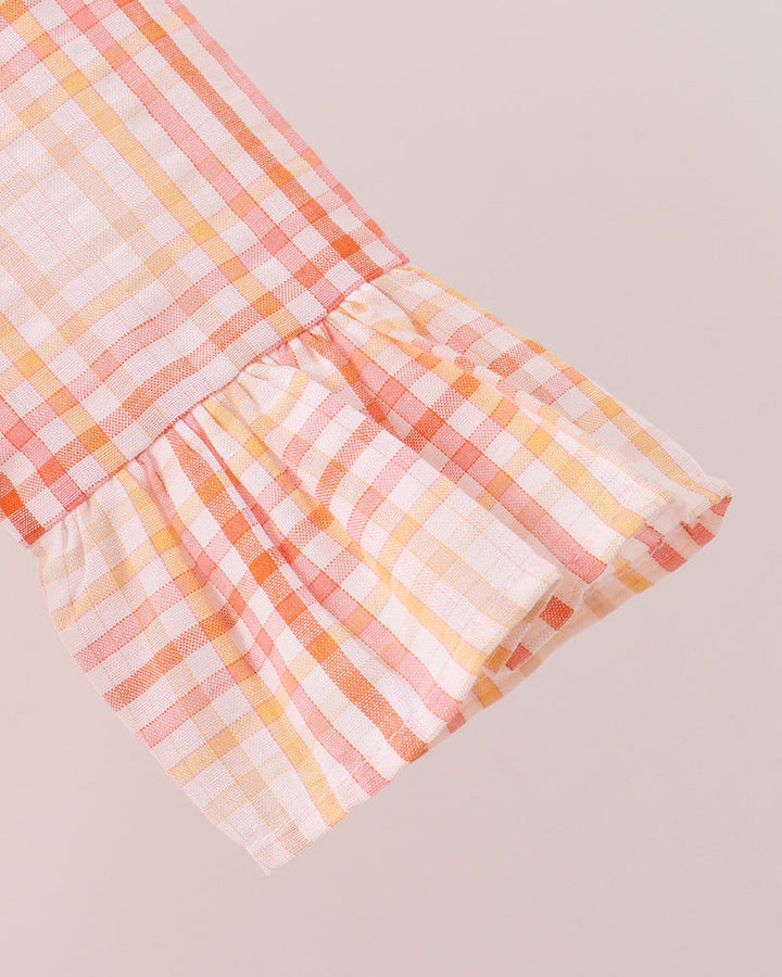 Pink-and-orange plaid ruffle long-sleeve dress, gathered sleeve cuff and tiered skirt