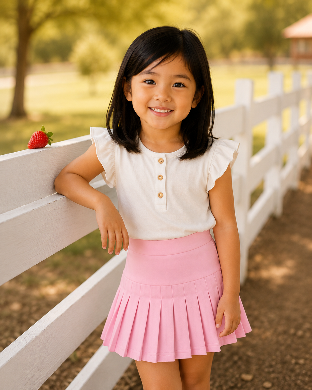 Young girl leaning against white fence.
