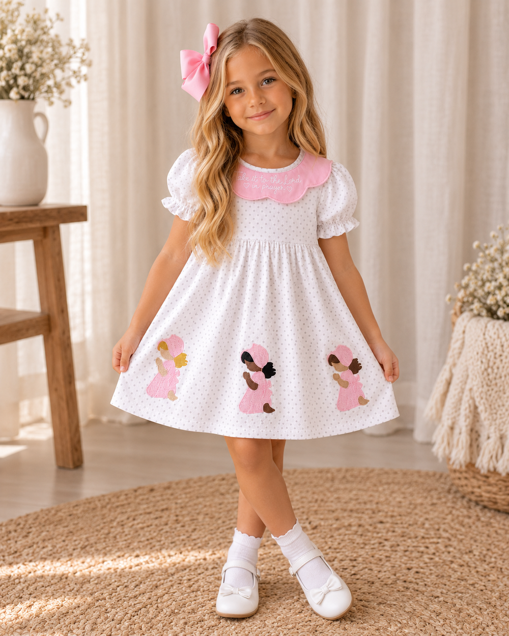 White polka-dot dress with pink collar and angel appliques worn with white shoes